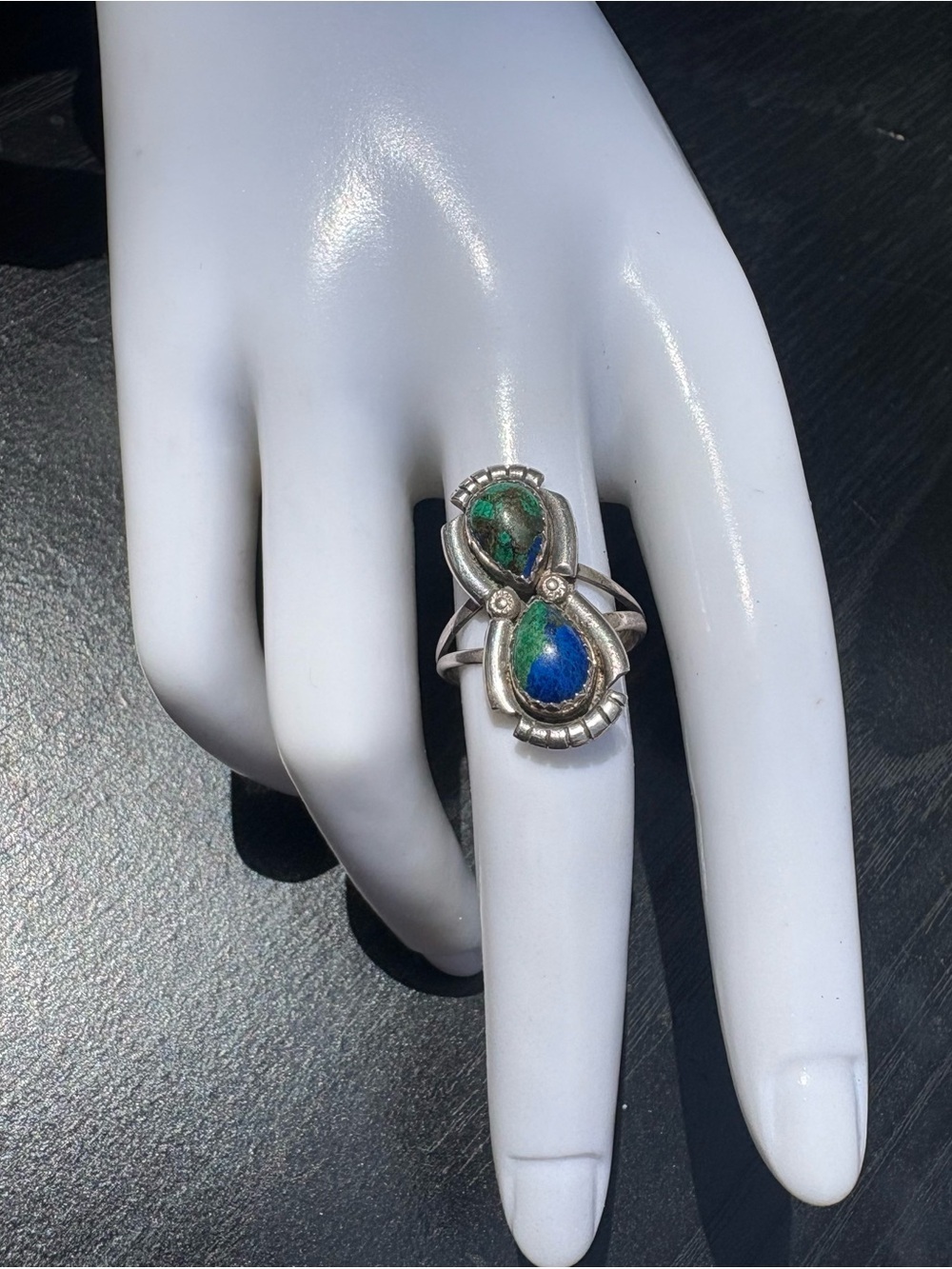 Vintage Native American Inspired Ring with Blue Green Stones - Size 6.75